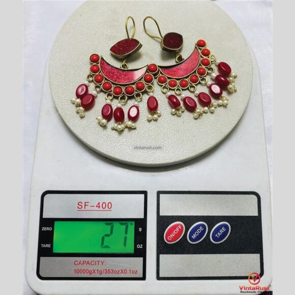 Long Dangle Red Earrings: Boho Festival Earrings Gift - Picture 4 of 5